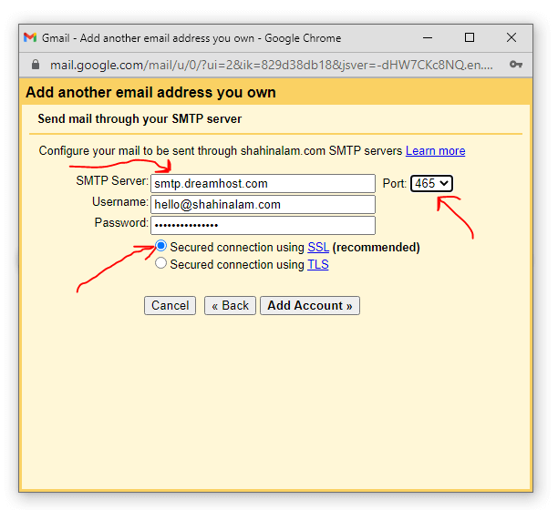 add smtp server information to connect DreamHost email to Gmail