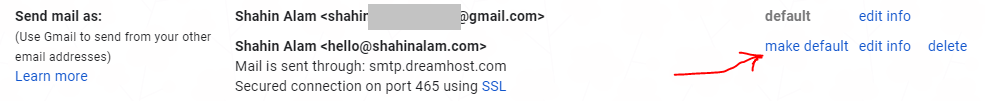 set as default email address to connect DreamHost email to Gmail